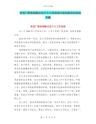 发电厂财务部副主任个人工作总结与发电机安全知识汇编