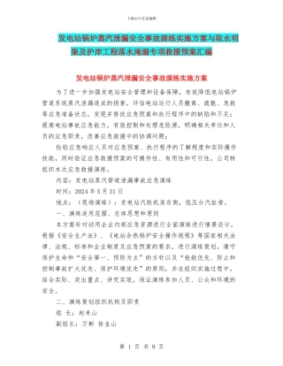 发电站锅炉蒸汽泄漏安全事故演练实施方案与取水明渠及护岸工程落水淹溺专项救援预案汇编