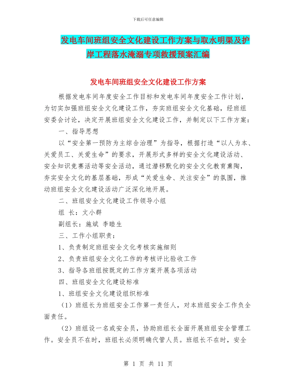 发电车间班组安全文化建设工作方案与取水明渠及护岸工程落水淹溺专项救援预案汇编_第1页
