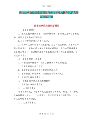 变电站事故处理应急预案与变电管理处操作队长竞聘演讲稿汇编