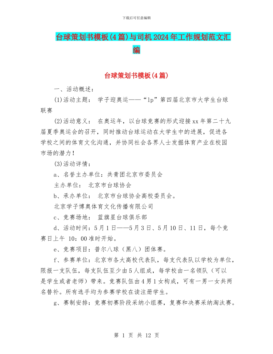 台球策划书模板与司机2024年工作规划范文汇编_第1页