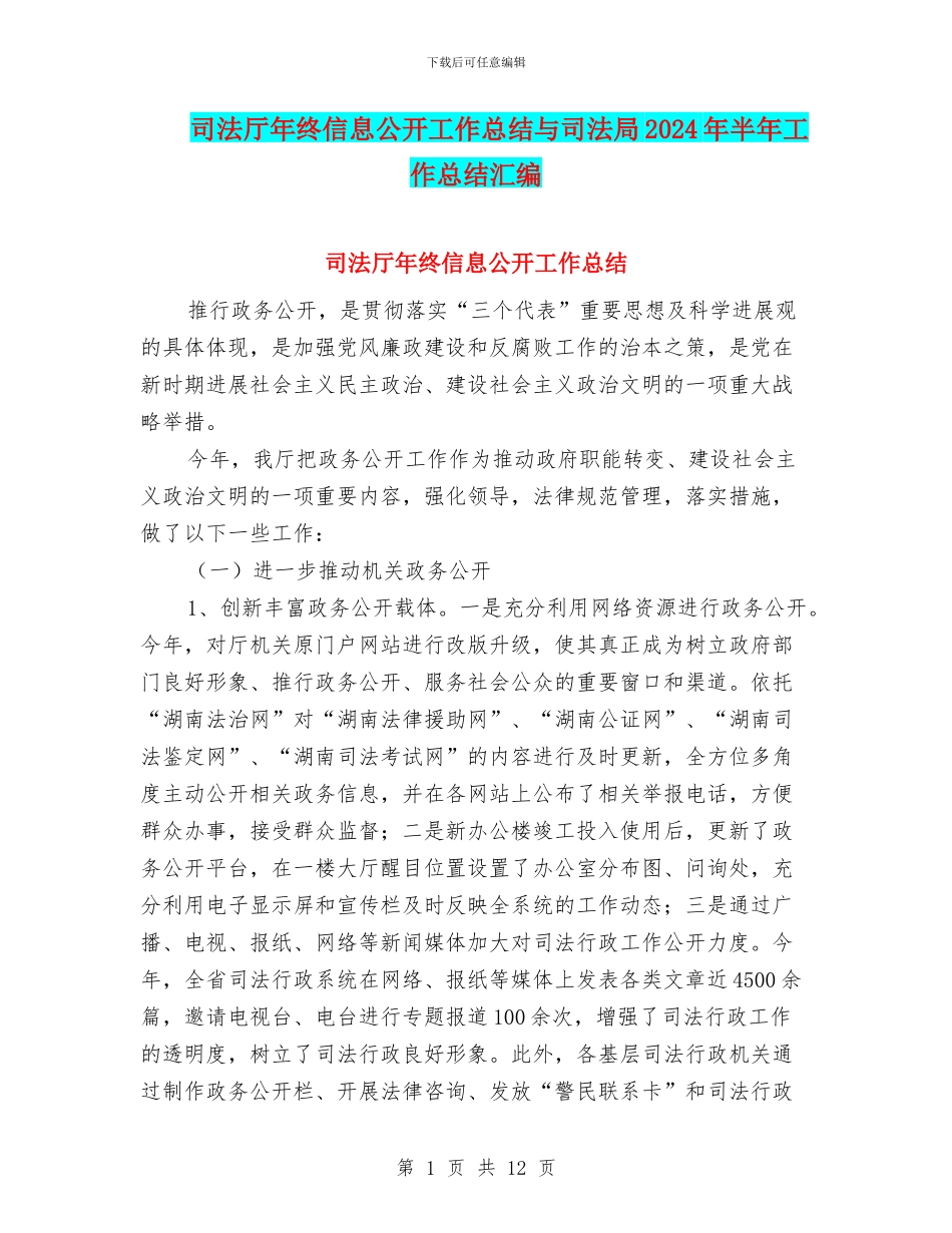 司法厅年终信息公开工作总结与司法局2024年半年工作总结汇编_第1页