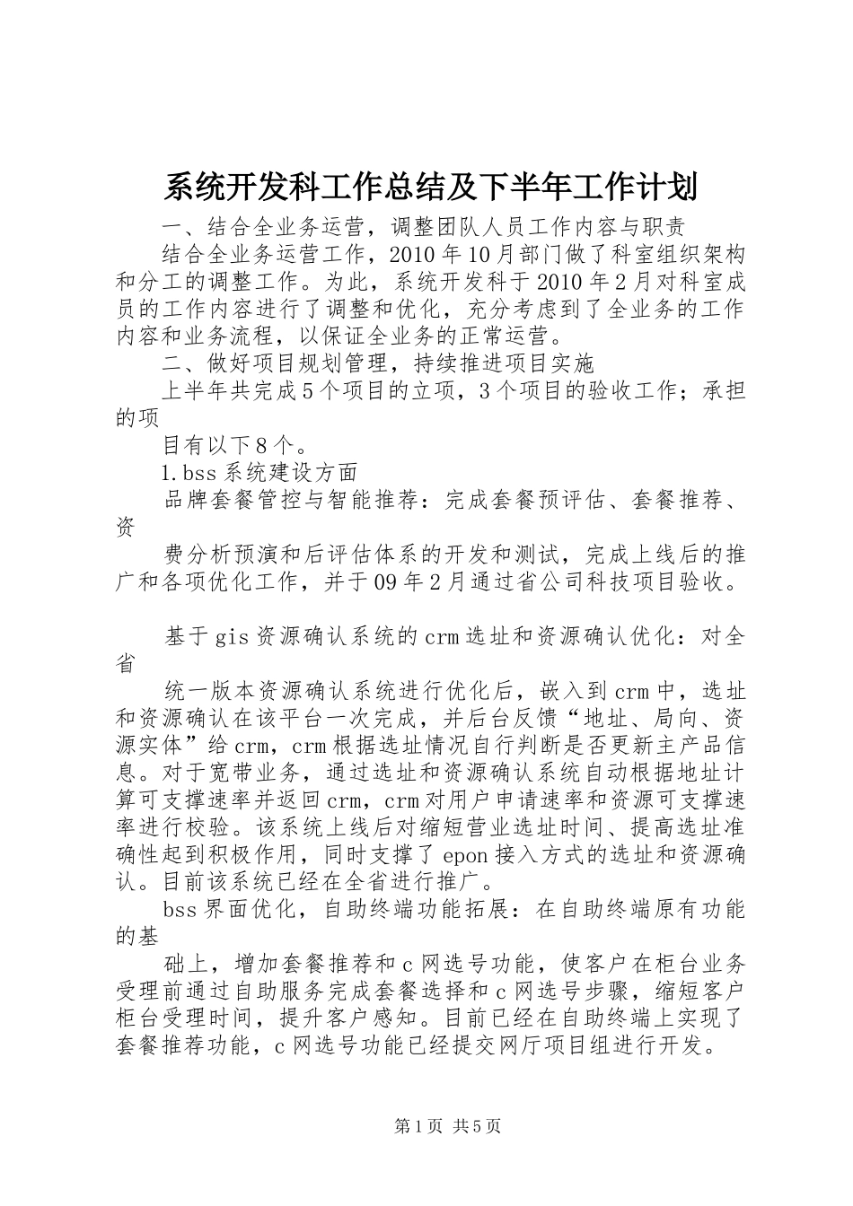 系统开发科工作总结及下半年工作计划_第1页