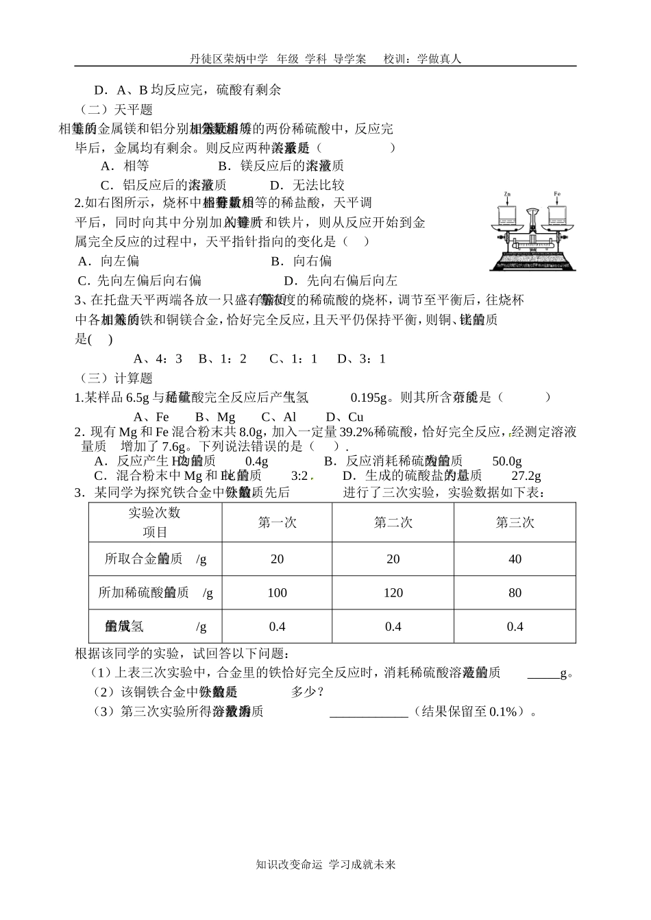 中考复习专题一金属与酸_第2页