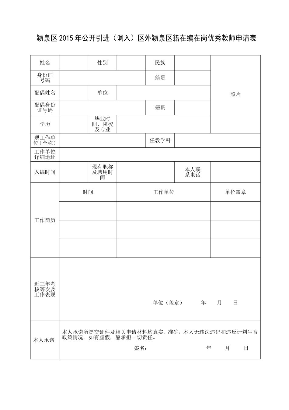 2015年颍泉区公开引进调入区外颍泉区籍在编在岗优秀教师申请表a_第1页