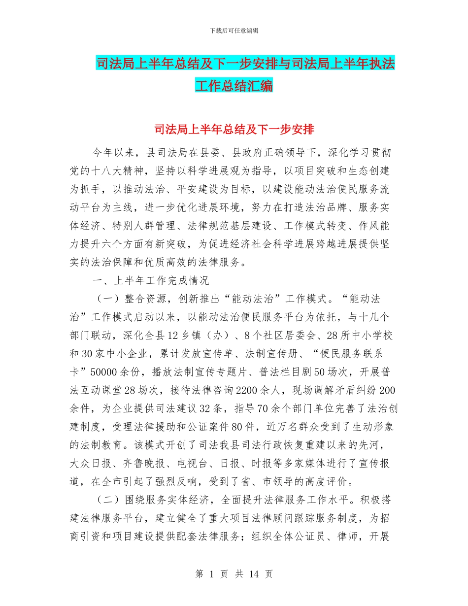 司法局上半年总结及下一步安排与司法局上半年执法工作总结汇编_第1页