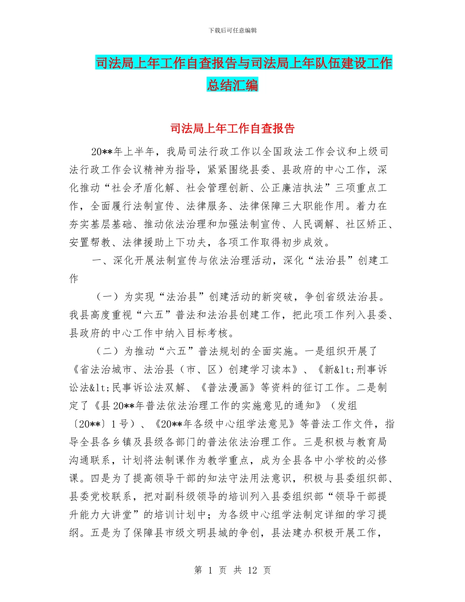 司法局上年工作自查报告与司法局上年队伍建设工作总结汇编_第1页
