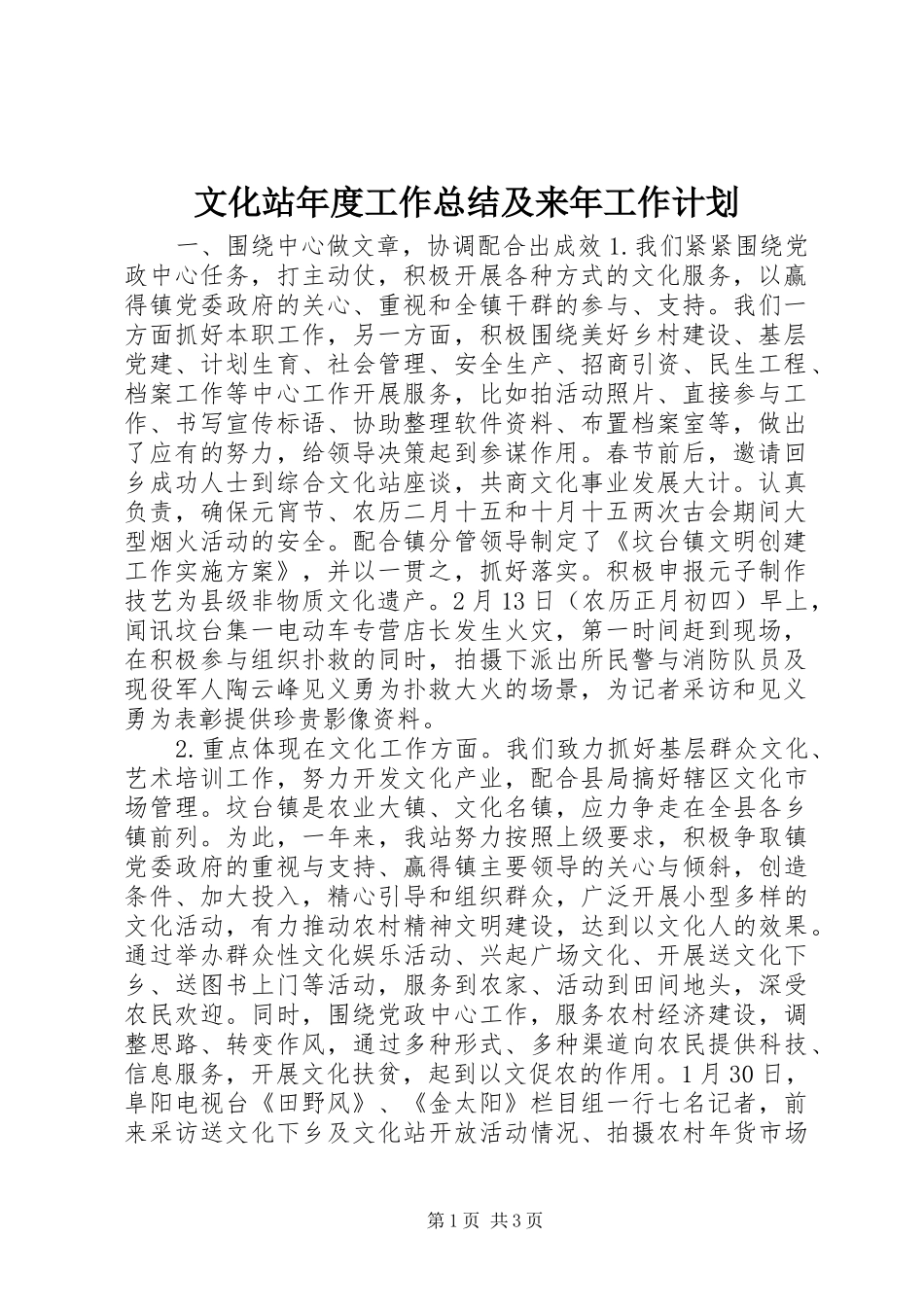 文化站年度工作总结及来年工作计划_第1页