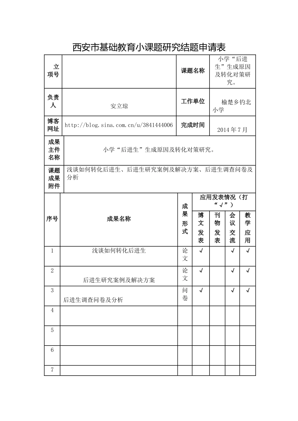 西安市基础教育小课题研究结题申请表_第1页