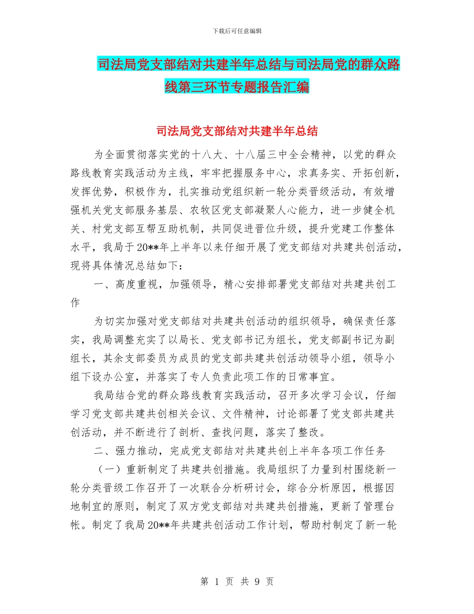 司法局党支部结对共建半年总结与司法局党的群众路线第三环节专题报告汇编_第1页