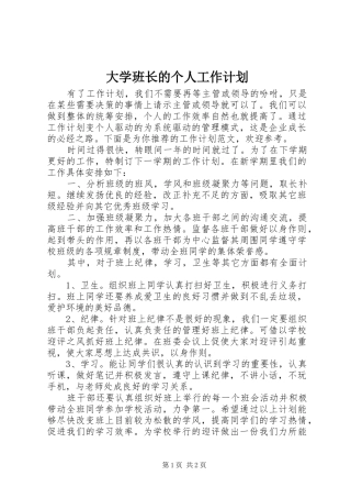 大学班长的个人工作计划