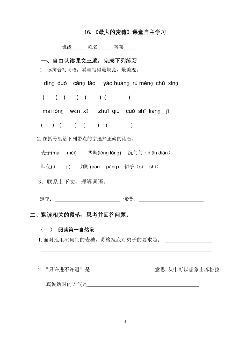 最大的麦穗课堂自主学习_第1页