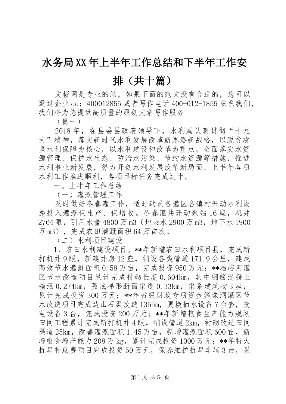 水务局XX年上半年工作总结和下半年工作安排（共十篇）_第1页