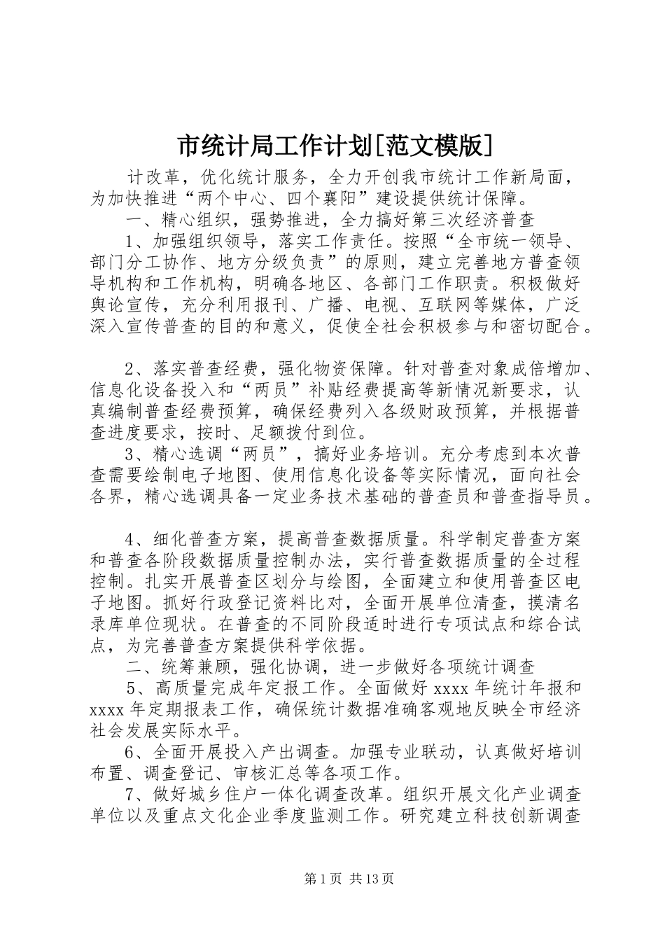 市统计局工作计划[范文模版]_第1页