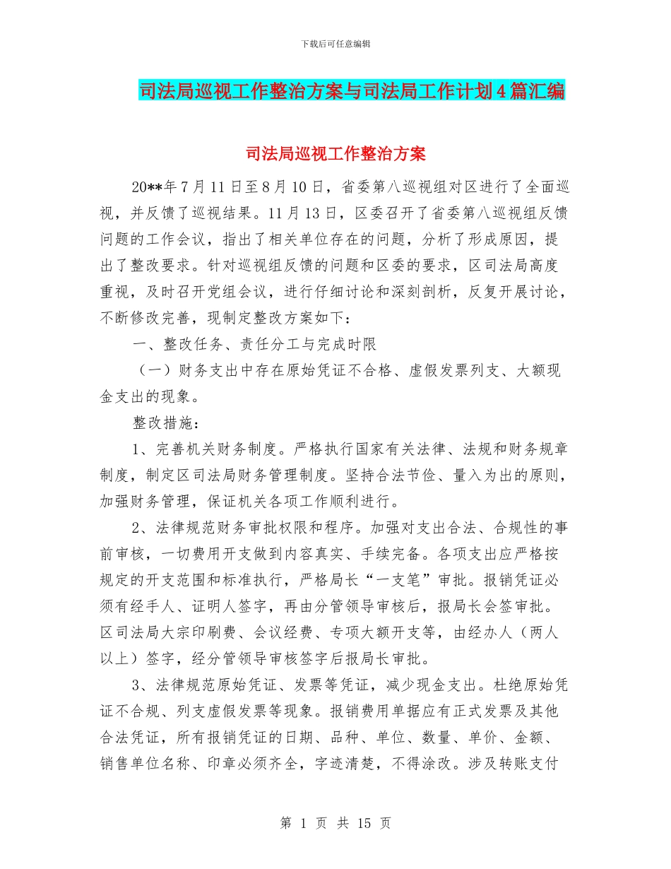 司法局巡视工作整治方案与司法局工作计划4篇汇编_第1页