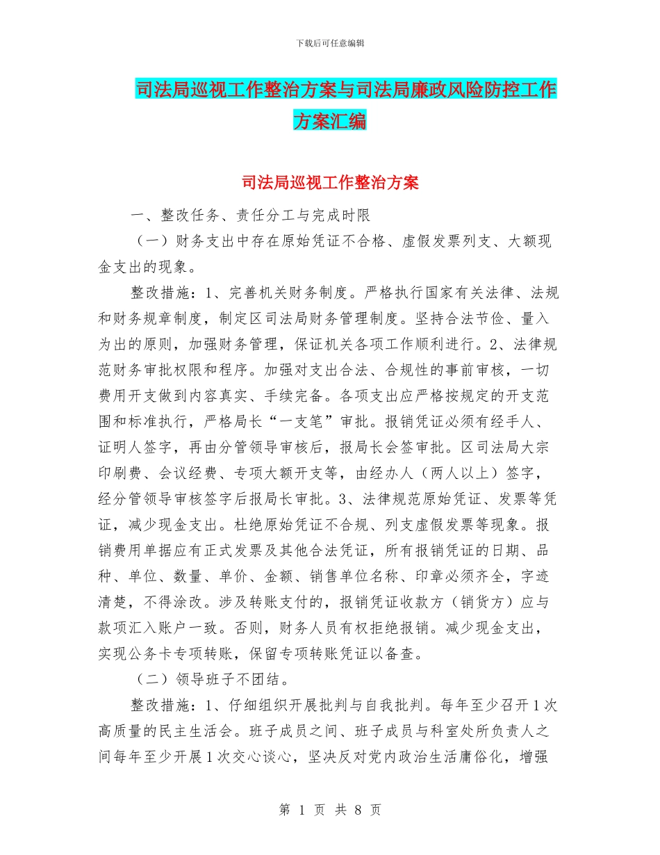 司法局巡视工作整治方案与司法局廉政风险防控工作方案汇编_第1页