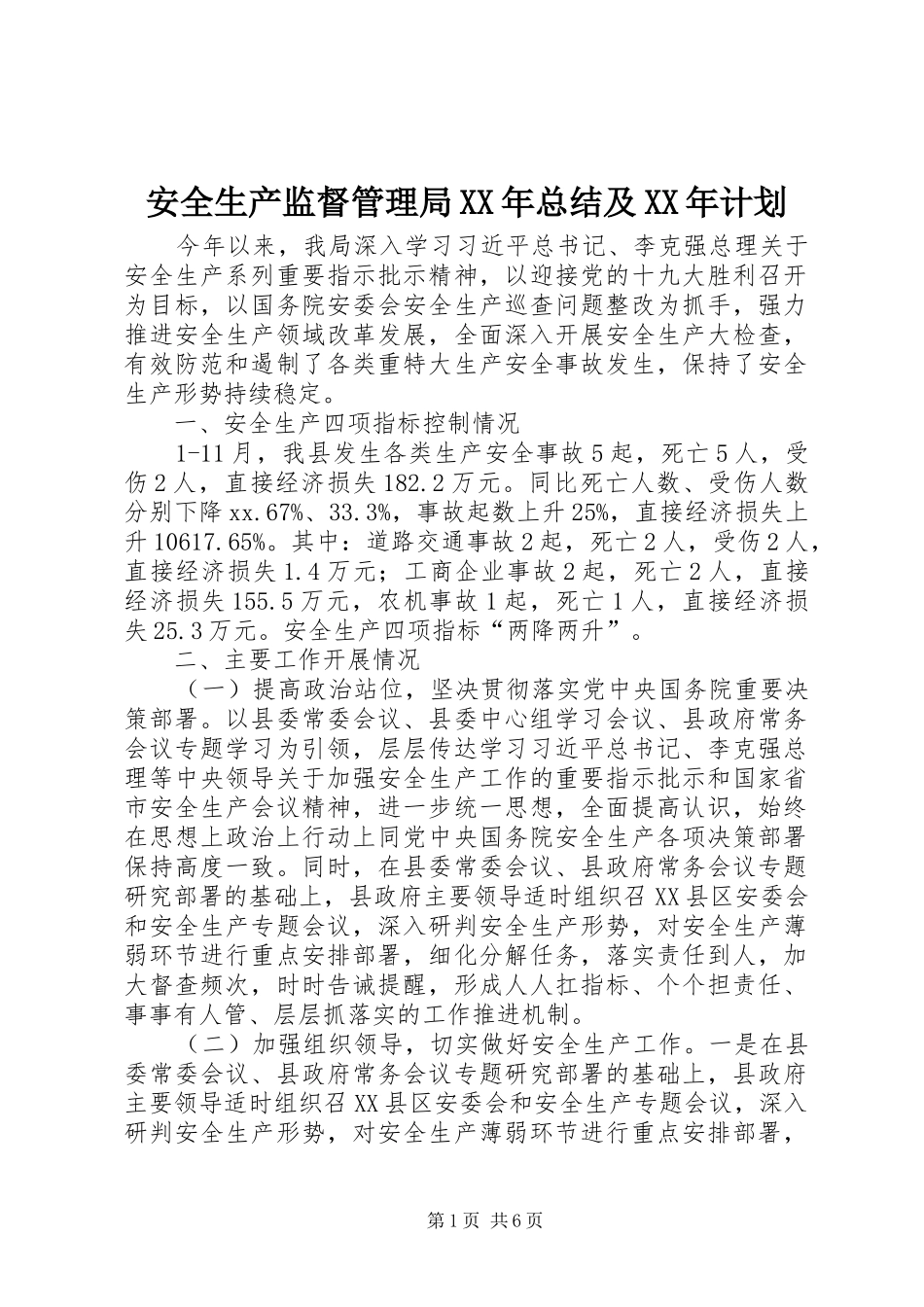 安全生产监督管理局XX年总结及XX年计划_第1页