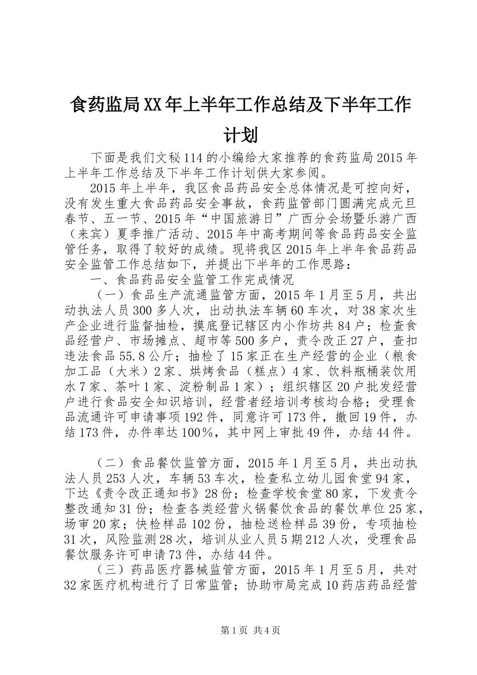 食药监局XX年上半年工作总结及下半年工作计划_第1页