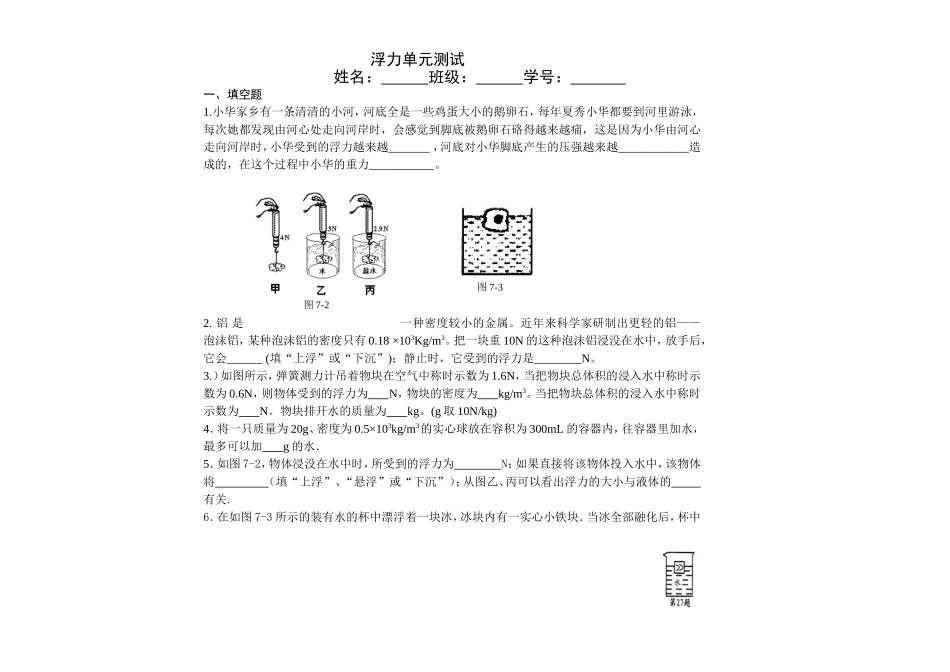 浮力单元测试(有答案）_第1页