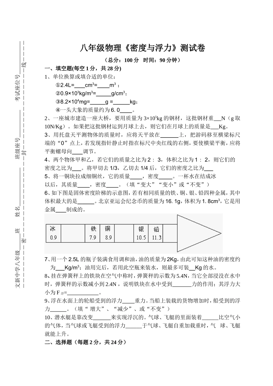 我的试题八年级物理下学期（密度与浮力）_第1页