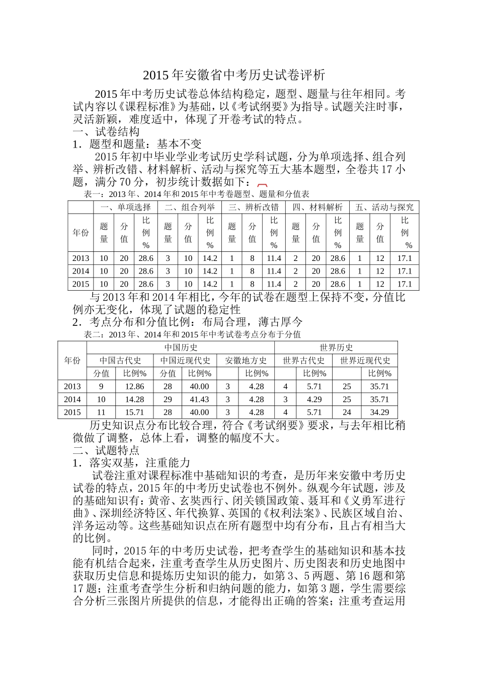 2015年安徽省中考历史试卷分析_第1页