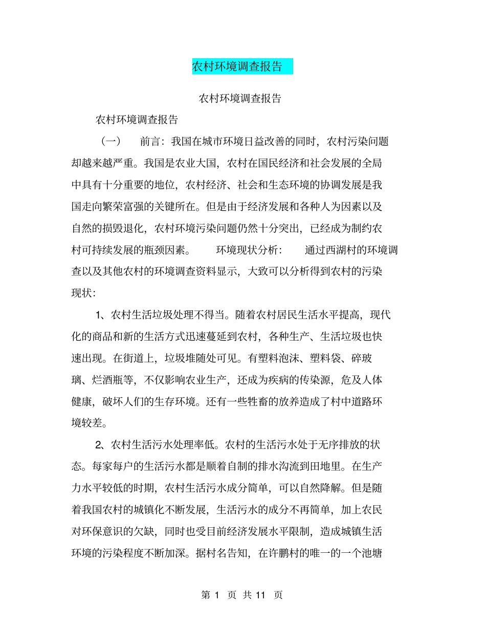农村环境调查报告【可编辑版】_第1页