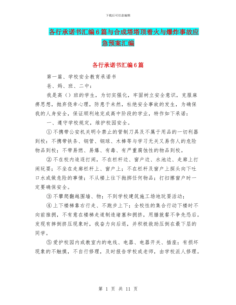 各行承诺书汇编6篇与合成塔塔顶着火与爆炸事故应急预案汇编_第1页