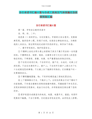 各行承诺书汇编6篇与合成工段高压气体泄漏应急救援预案汇编