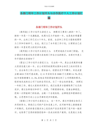 各部门明年工作计划开头与合作医疗个人工作计划汇编