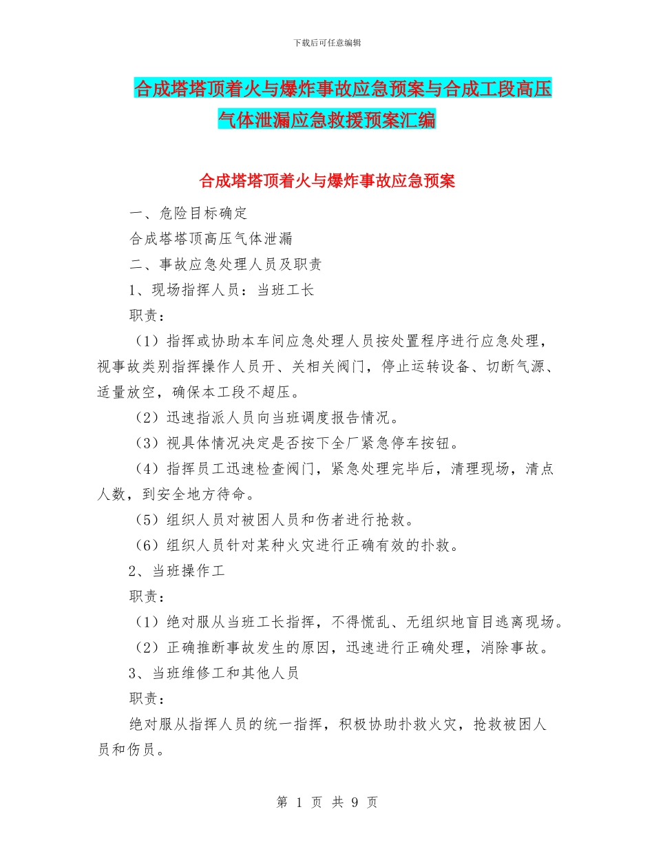 合成塔塔顶着火与爆炸事故应急预案与合成工段高压气体泄漏应急救援预案汇编_第1页