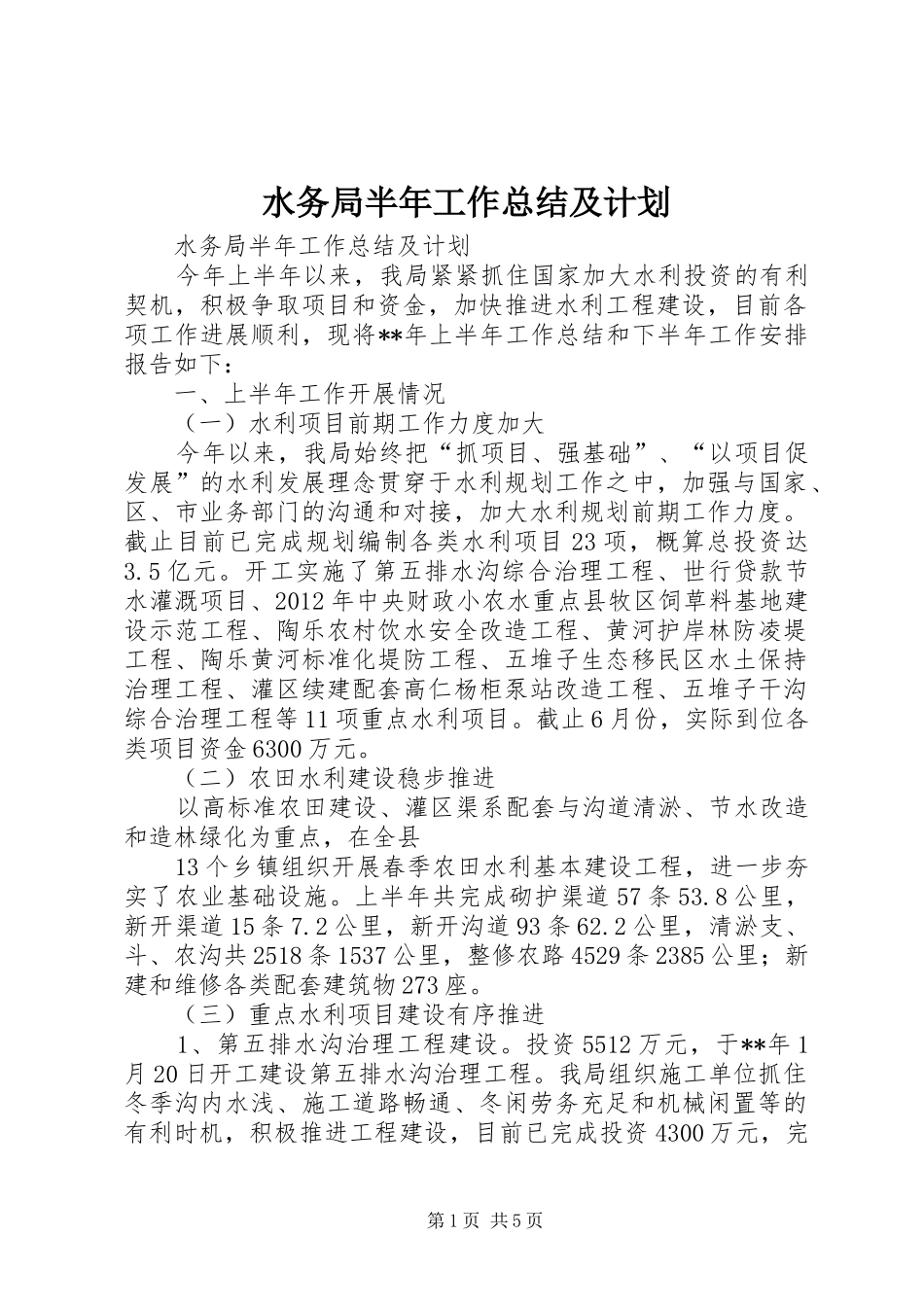 水务局半年工作总结及计划_第1页