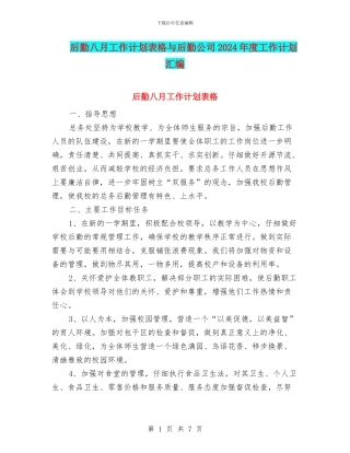 后勤八月工作计划表格与后勤公司2024年度工作计划汇编