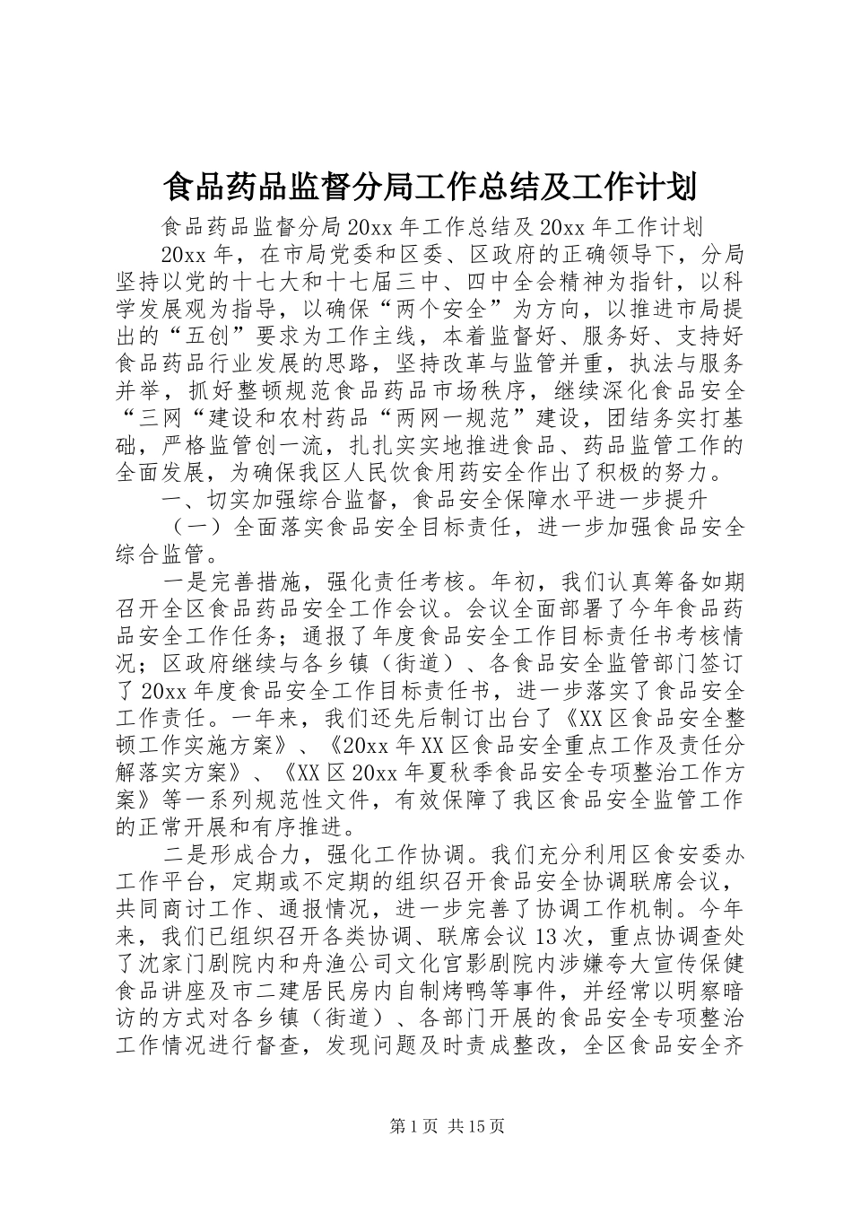 食品药品监督分局工作总结及工作计划_第1页