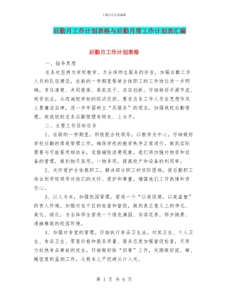 后勤月工作计划表格与后勤月度工作计划表汇编