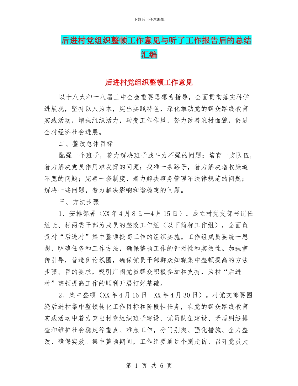 后进村党组织整顿工作意见与听了工作报告后的总结汇编_第1页