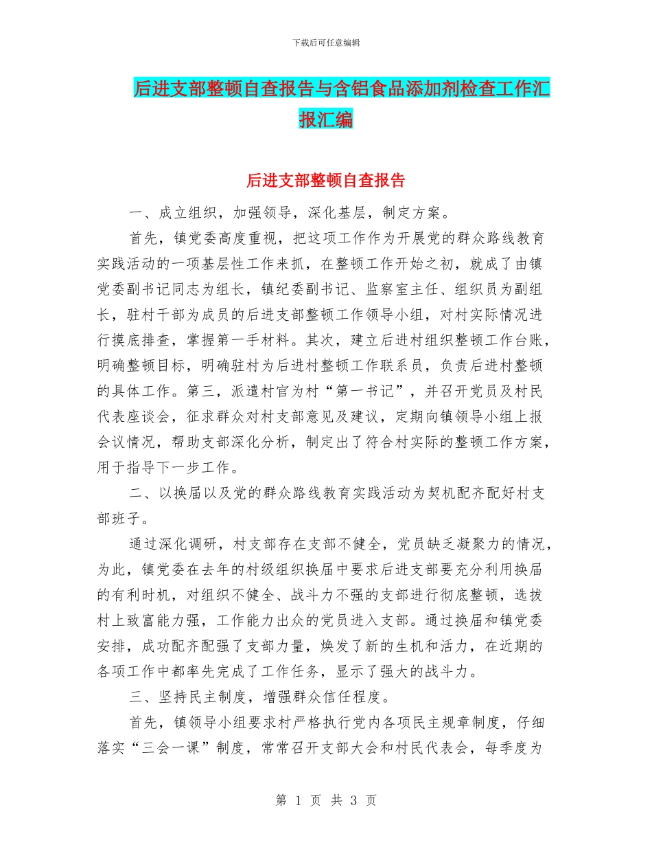 后进支部整顿自查报告与含铝食品添加剂检查工作汇报汇编_第1页