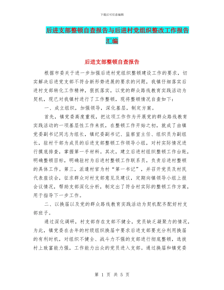 后进支部整顿自查报告与后进村党组织整改工作报告汇编_第1页