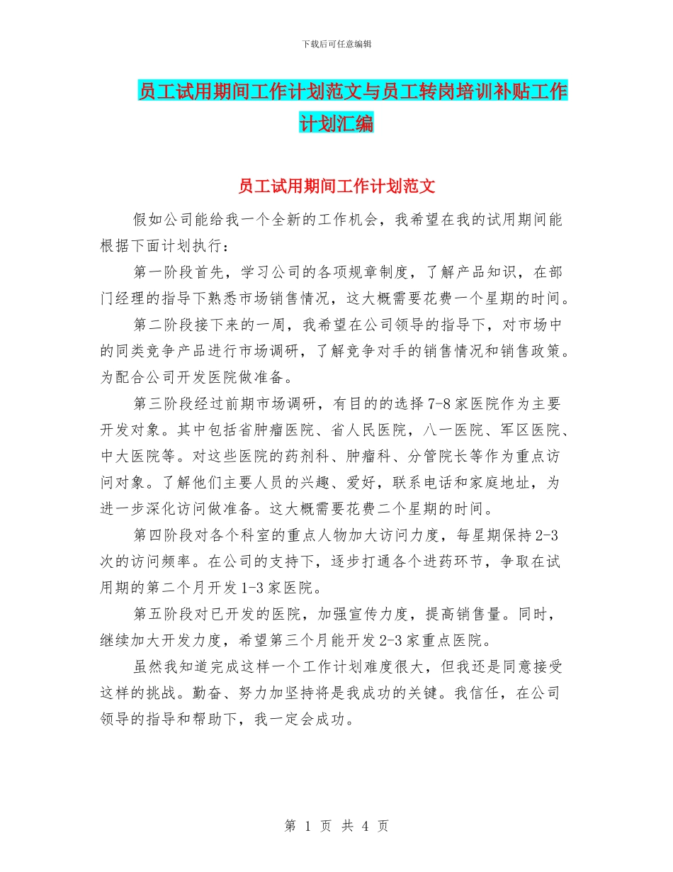 员工试用期间工作计划范文与员工转岗培训补贴工作计划汇编_第1页