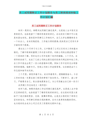 员工试用期转正工作计划报告与员工转岗培训补贴工作计划汇编