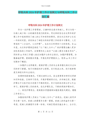 呼吸内科2024年护理工作计划例文与呼吸内科工作计划汇编
