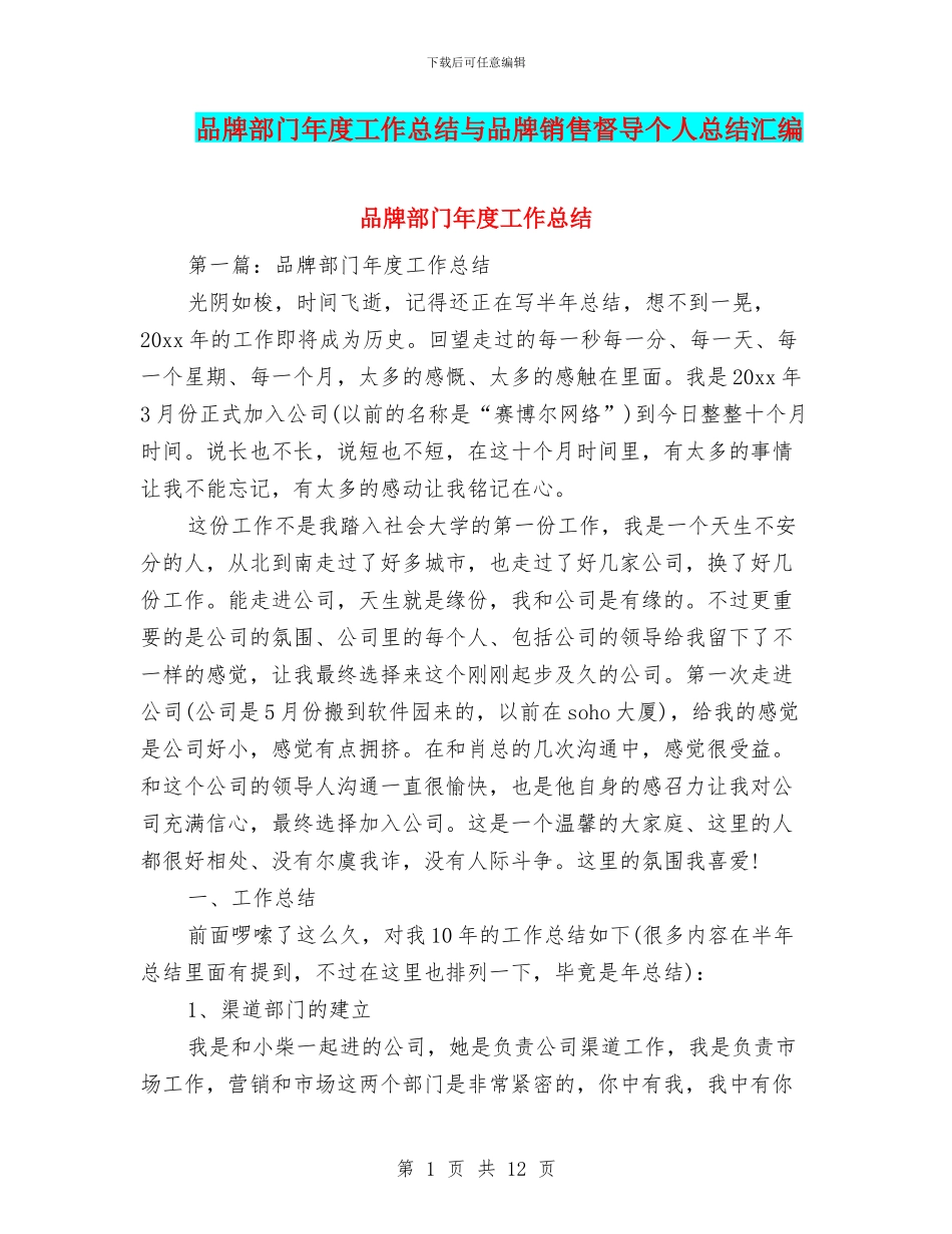 品牌部门年度工作总结与品牌销售督导个人总结汇编_第1页