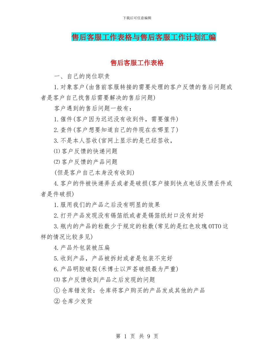 售后客服工作表格与售后客服工作计划汇编_第1页