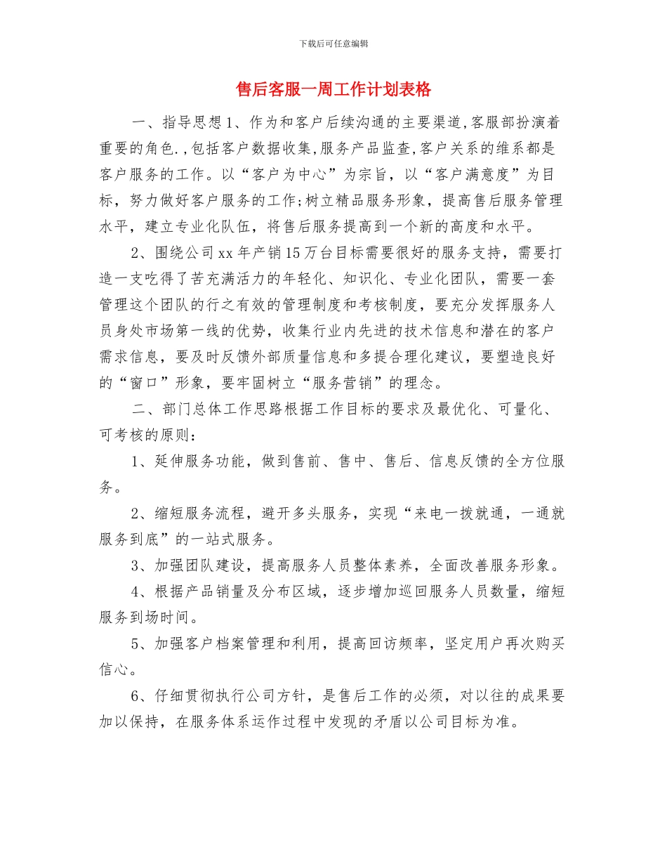售后2024年度工作计划与售后客服一周工作计划表格汇编_第3页