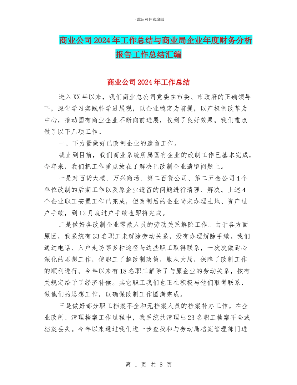 商业公司2024年工作总结与商业局企业年度财务分析报告工作总结汇编_第1页