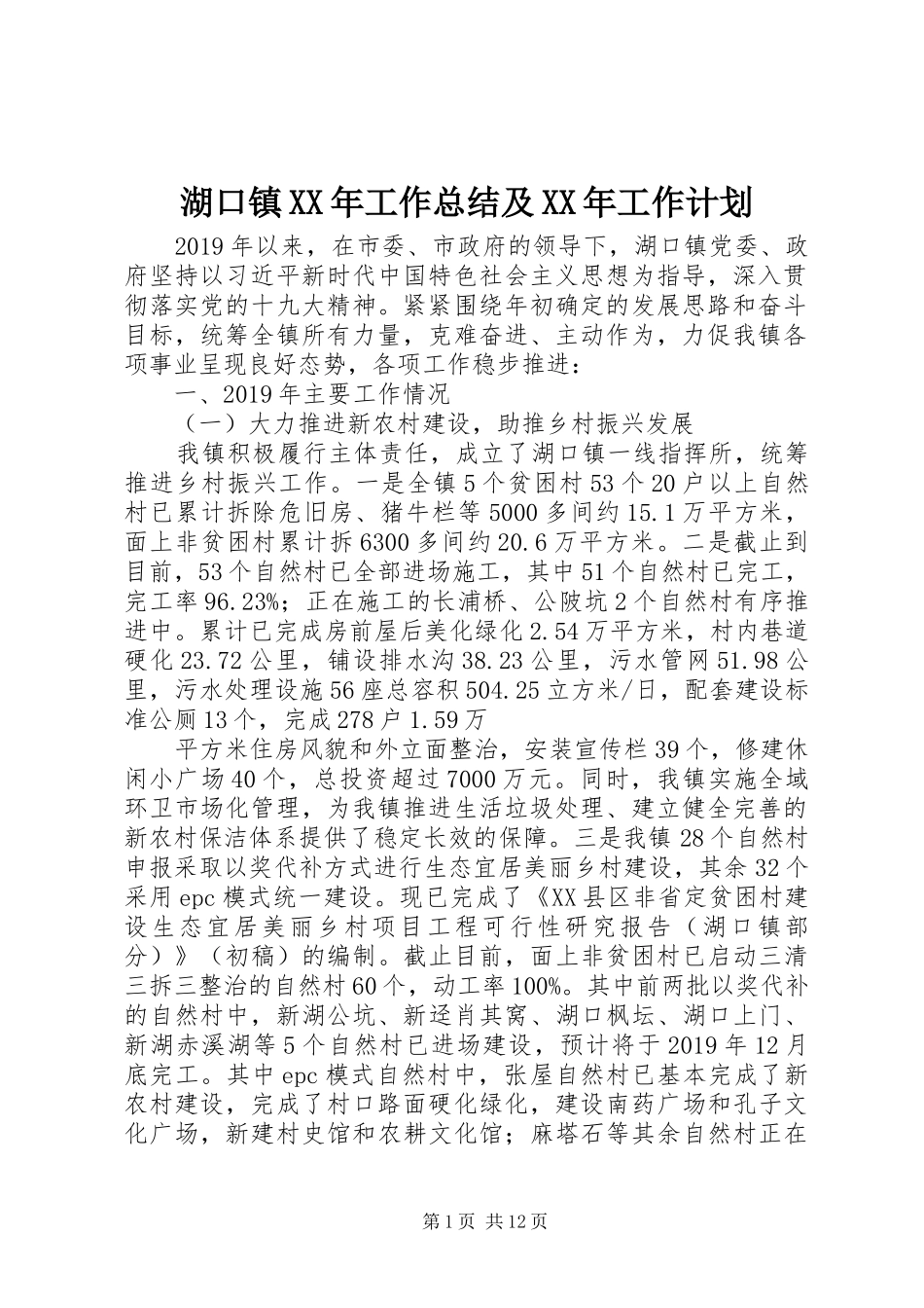 湖口镇XX年工作总结及XX年工作计划_第1页