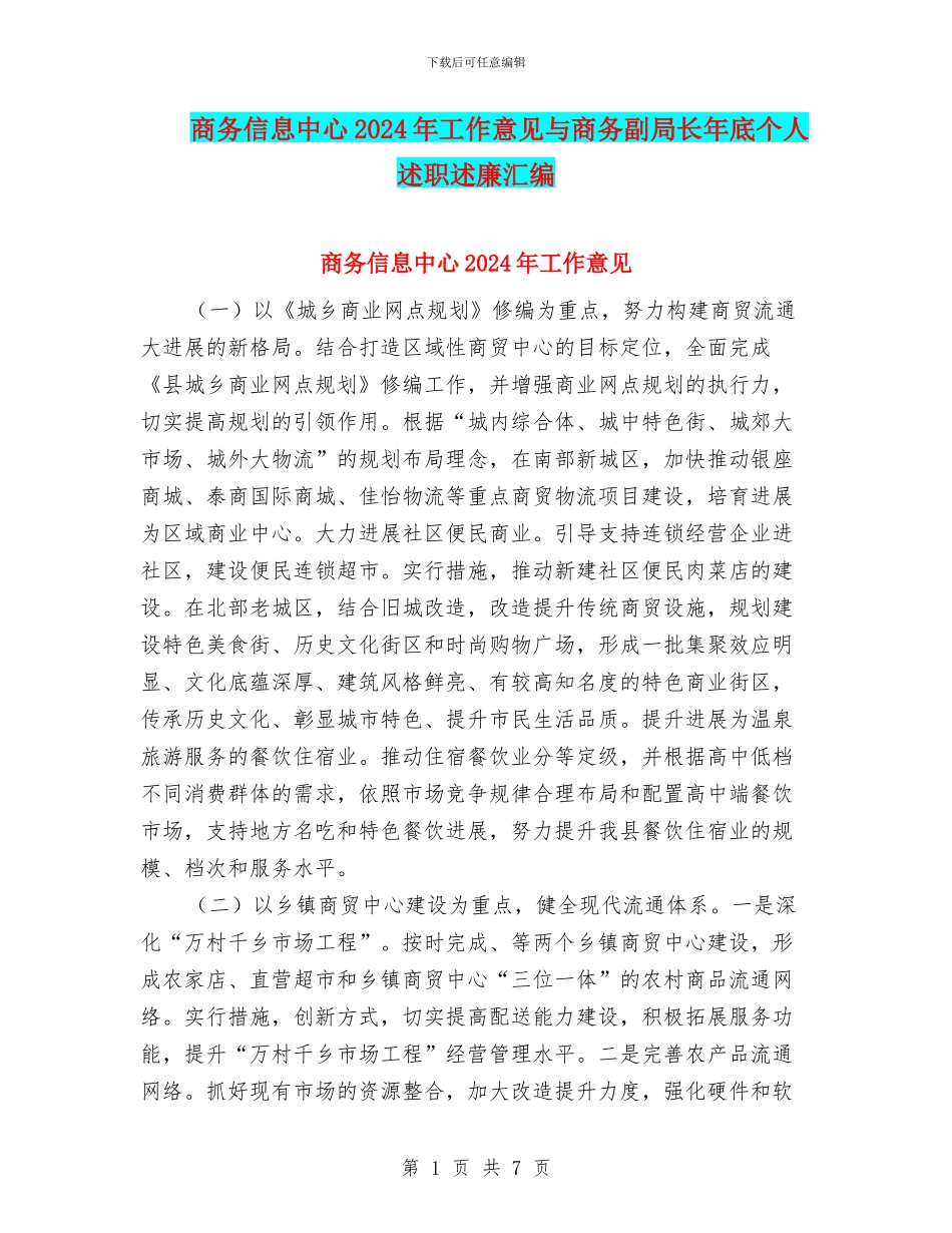 商务信息中心2024年工作意见与商务副局长年底个人述职述廉汇编_第1页
