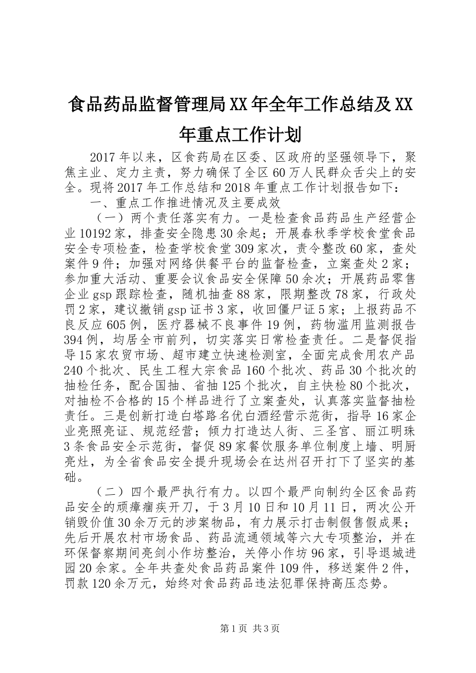 食品药品监督管理局XX年全年工作总结及XX年重点工作计划_第1页