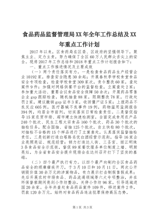 食品药品监督管理局XX年全年工作总结及XX年重点工作计划