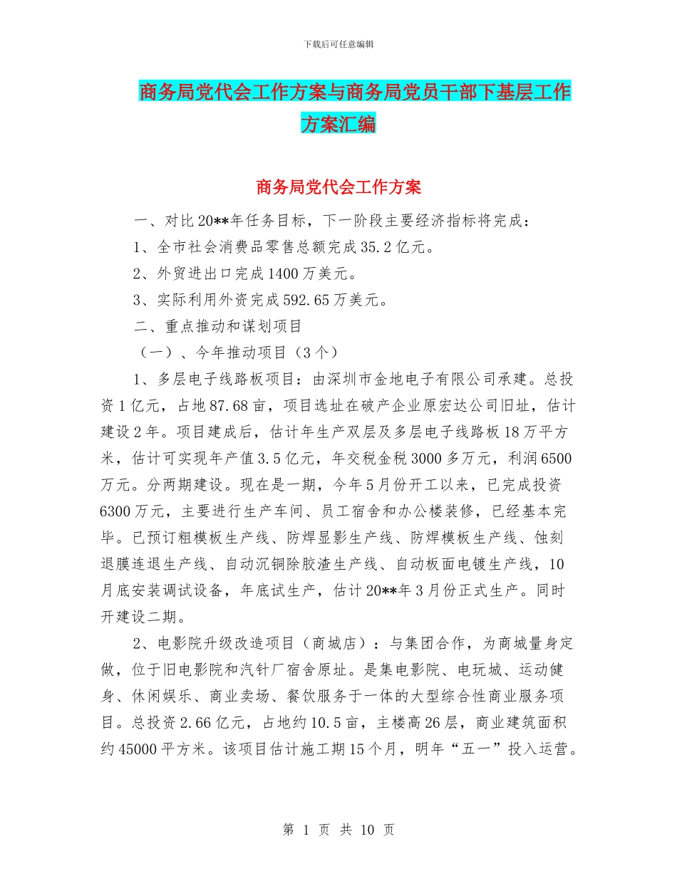 商务局党代会工作方案与商务局党员干部下基层工作方案汇编_第1页