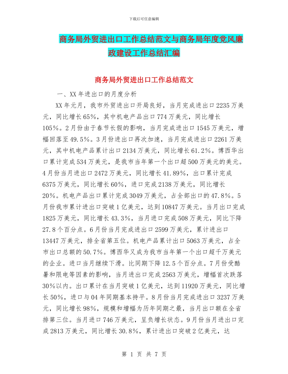 商务局外贸进出口工作总结范文与商务局年度党风廉政建设工作总结汇编_第1页
